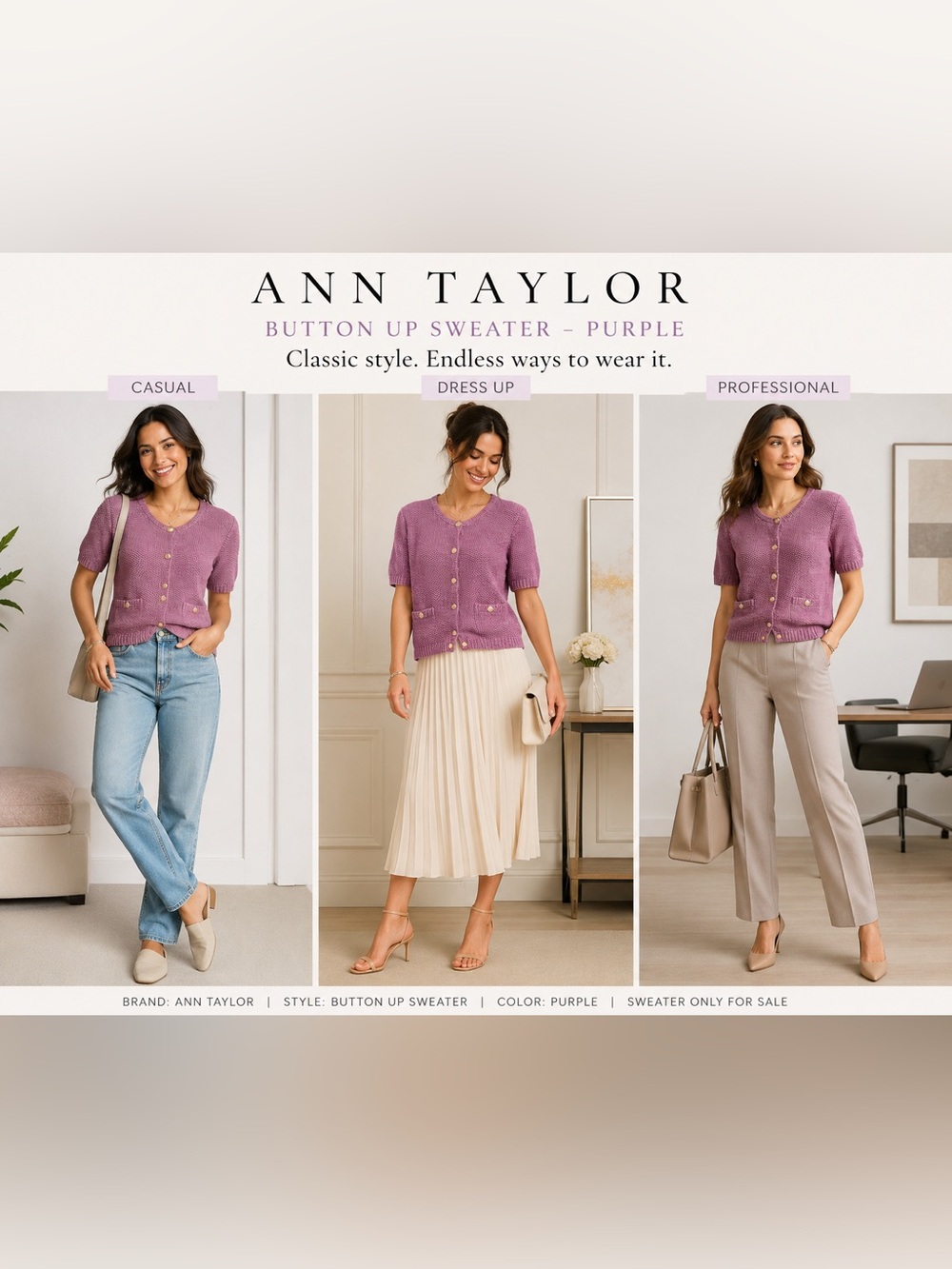 Ann Taylor Lavender Button-Up Short Sleeve Cardigan
